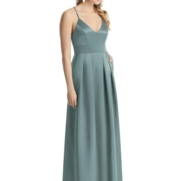 After Six 1521..Pleated Skirt Satin Maxi Dress with Pockets...Icelandic..Size 2 - Picture 1 of 6